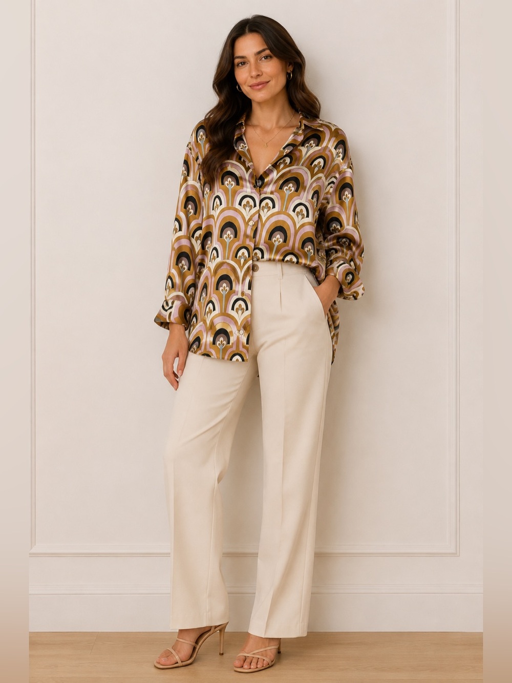 House of Harlow satin button-down long sleeve blouse top retro Art Deco